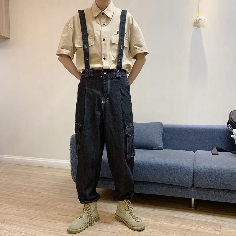 Japanese Harajuku Retro Denim Overalls Retro Cargo Jeans Hip Hop American Casual Jeans Loose Straight Wide Leg Pants Side Pocket
