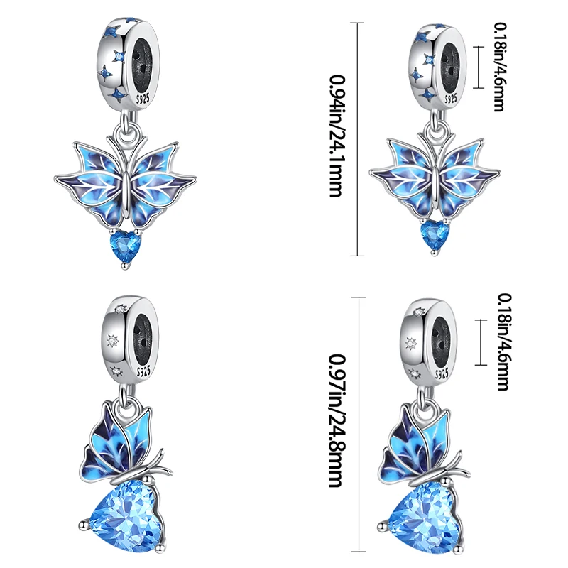 925 Sterling Silver Blue Series Dragonfly Butterfly Bird Pansy Flower Pendant Charm Fit 4MM hole diameter Bracelet Jewelry Gift 5