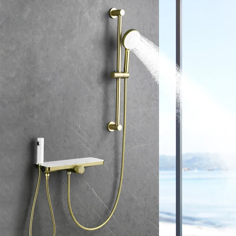 Tuqiu Brushed Gold with White Bathtub Shower Set Hot and Cold Gray Bathroom Shower Faucet Bathroom set with Slid Bar Brass