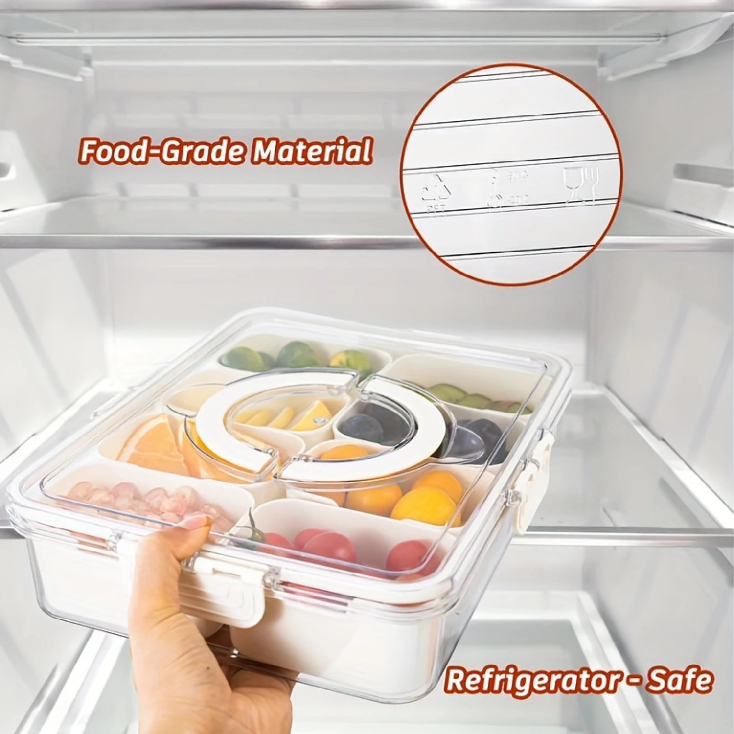 Divided Serving Tray with Lid and Handle--Snackle Box Charcuterie Container for Portable Snack Platters-Clear Organizer for Ca