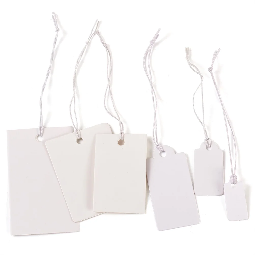 

300pcs Paper Price Tag 6 Style Rectangle Elastic Cord Price Tag White Blank Label Jewelry Display Card Package Hang Tag 7-10.8cm