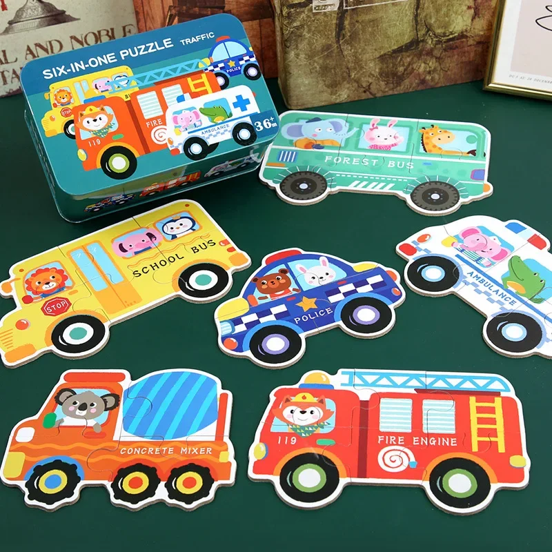 

Kids Creative Wooden Puzzle Iron Box Kindergarten Baby Early Education Cartoon Animal Traffic Cognitive Interactive Game