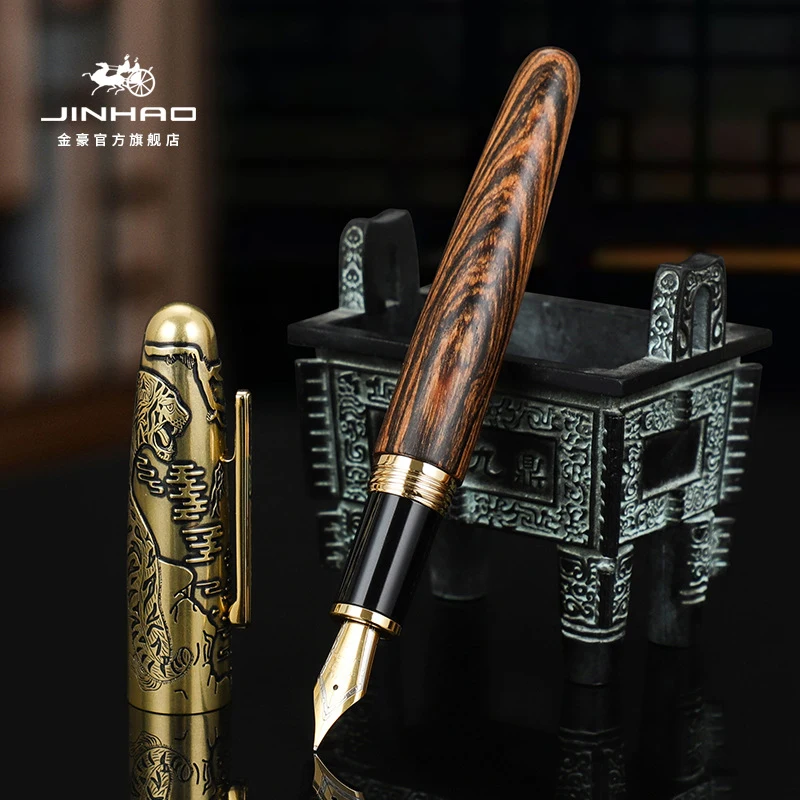 jinhao-brown-e-golden-handmade-penna-stilografica-in-metallo-e-legno-tiger-tappo-in-rilievo-05mm-pennino-scrittura-confezione-regalo-set-di-penne