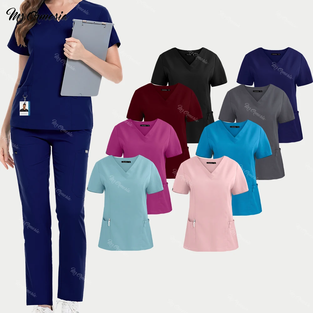 

Scrubs Uniform Suit Short Sleeve V-neck Tops+Straight Pants Spa Set Nursing Uniform Multicolor Pet Doctor Scrub Medical Workwear