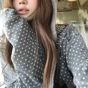 Felpe con cappuccio stampate casual a pois coreani Abbigliamento da donna Manica lunga Autunno Nuove felpe con coulisse alla moda con cerniera con cappuccio