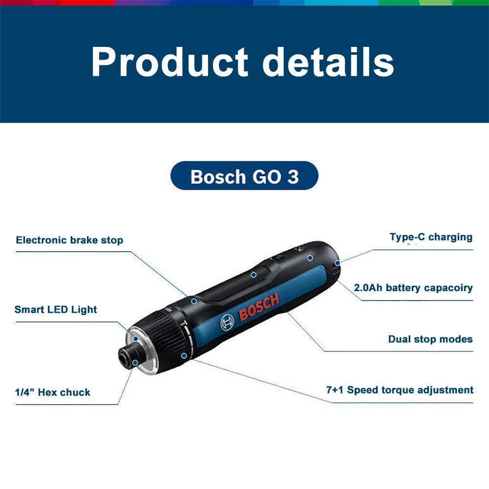 BOSCH GO 3 무선 전동 스크루드라이버, C타입 충전 스크루드라이버, 3.6V 2Ah 배터리 스크류 드라이버, 5 Nm