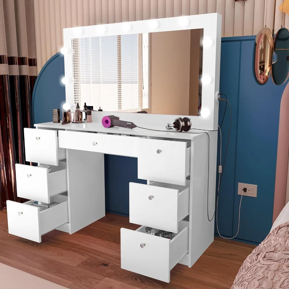 

Dressing Table Make Up Table Hollywood Vanity Mirror With Light 7 Drawers Non-glass Top Dresser Dressers for Bedroom Desk Makeup