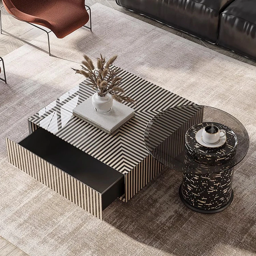 

Modern Square Coffee Table Living Room Industrial Aesthetic Gloss Drawers Coffee Table Storage Stolik Kawowy Decoration Home