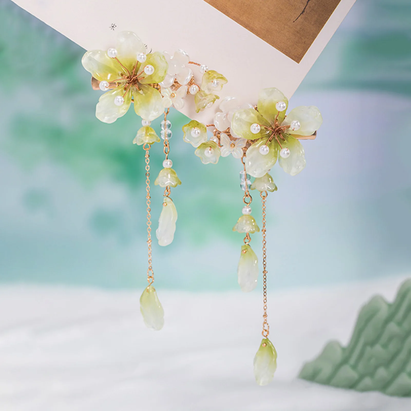 

Green Floral Hair Clips Tassel Hairpin Vintage Girls Hanfu Parties Barrette Chinese Wedding Hair Accessoreis Tassel Hair Jewelry