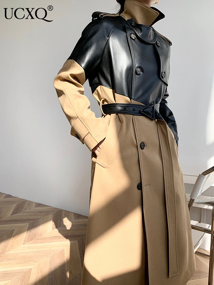 

UCXQ Irregular Color Block Leather Trench Coat Women's Winter Design Thickened Fashion With Belt Long Sleeve Windbreaker 20A6548
