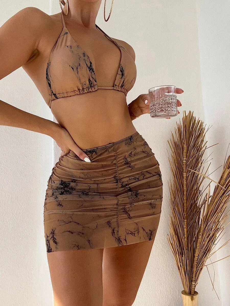 Women Two Piece Bikini Beach Dress 2022 Overseas Single New Marble Printed Bikini Swimsuit Three Piece Set Bikini