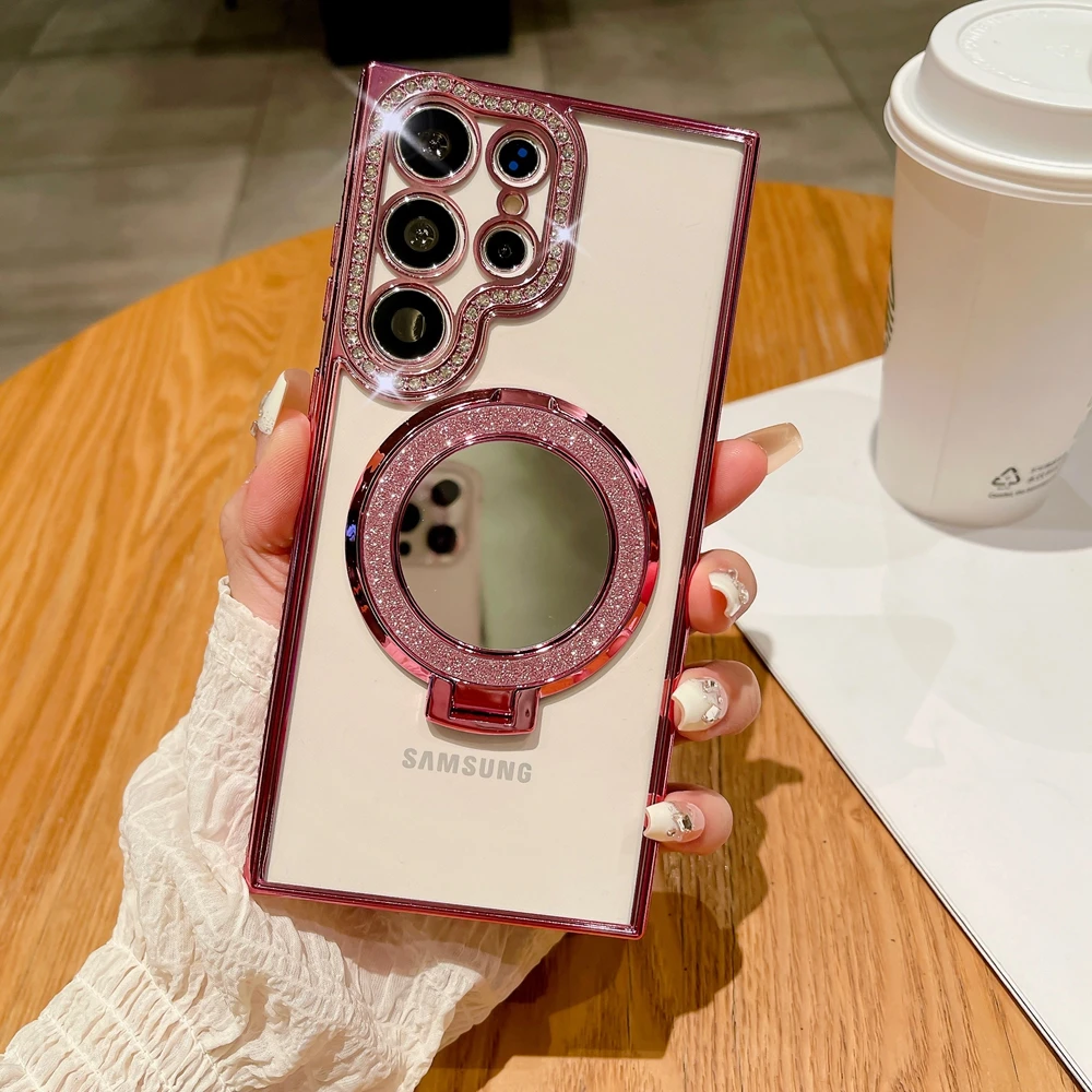 thumbnail image 1 of For Samsung S24 Ultra Mirror Magsafe Case for Galaxy S24 Plus Samsung S23 S22 Ultra Luxury Diamond Plating Stand Holder Cover, 1 of 5