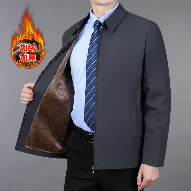Men's Business Jacket Parkas Lapel Jacket Zipper Pockets Autumn Winter for Mid-aged Men