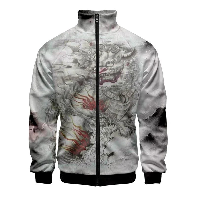 thumbnail image 1 of Chaqueta con estampado 3D de Kirin, mito chino, para hombre, abrigo con estampado de animales de gran tamaño, estilo urbano, para primavera y otoño, chaquetas con cremallera, 1 of 5