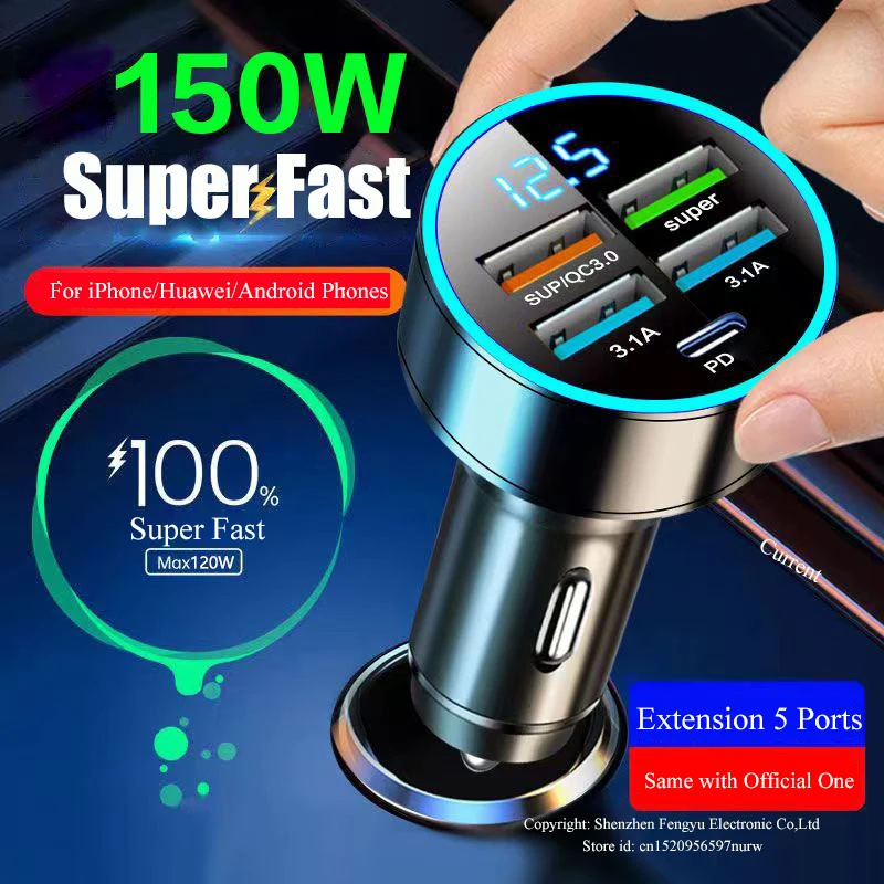 Caricabatteria da auto USB a 4 porte tipo C PD 150W adattatore di ricarica rapida per Huawei OPPO Oneplus iPhone 14 Pro Max 13 12 11 Mini XS Xiaomi