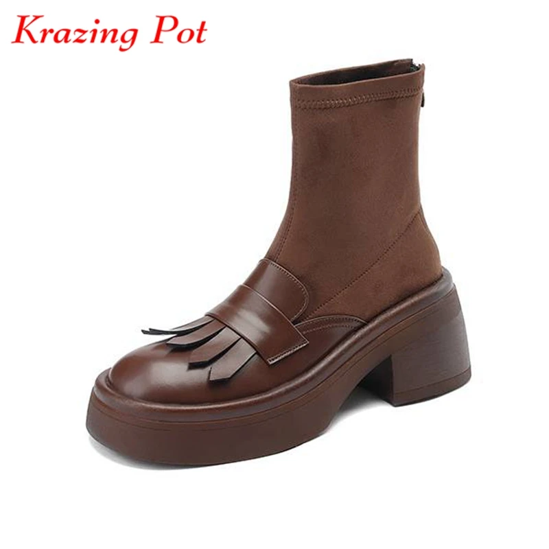 

Krazing Pot Cow Leather Flock Round Toe Thick Bottom Motorcycles Boots Tassel Fringe Platform Winter Shoes Modern Ankle Boots