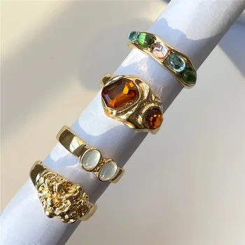 2024 New Tide Individuality Retro Geometric Hollowing Inlay Gem Rings SetLiquid State Metal Four-Piece Rings Set Paty Jewelry 1