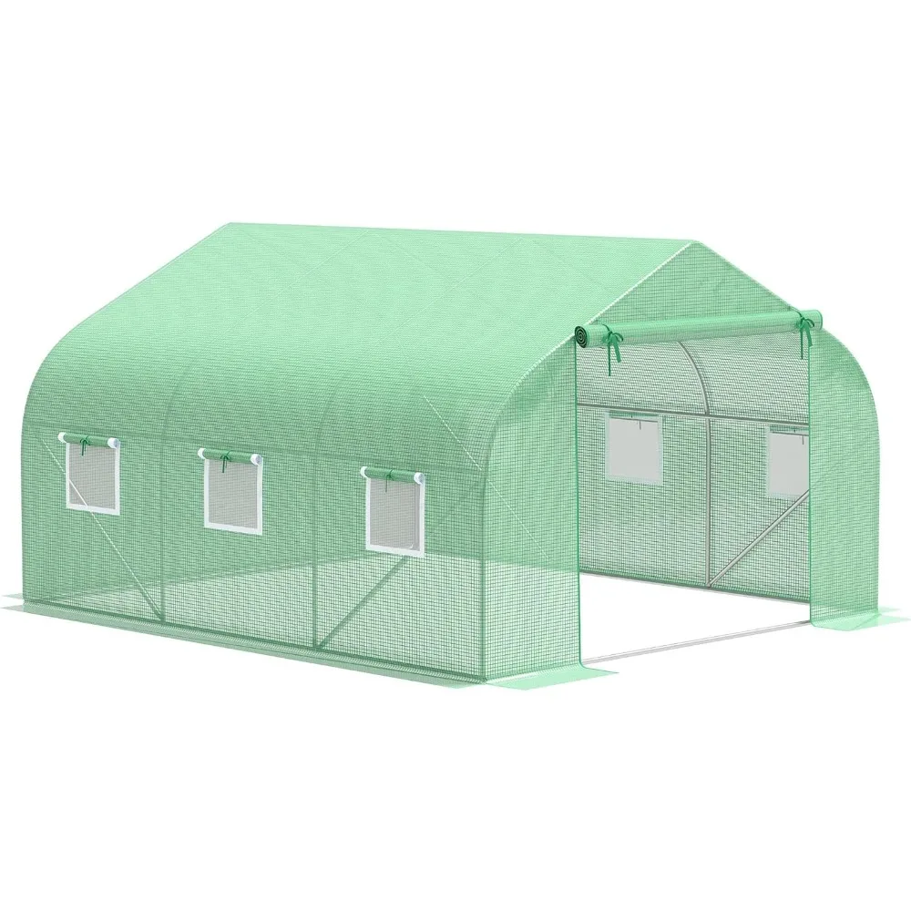 Greenhouse, 20' X 10' X 7' Outdoor Walk-in Greenhouse with Roll-up Windows, Zippered Door, PE Cover, Steel Frame, Green House