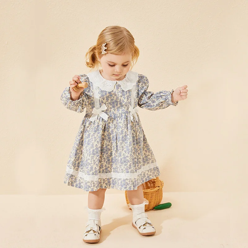 

Children's Princess Dress Spring New Floral Mori Dress Lace Bow Long-Sleeved Girl Baby Skirt