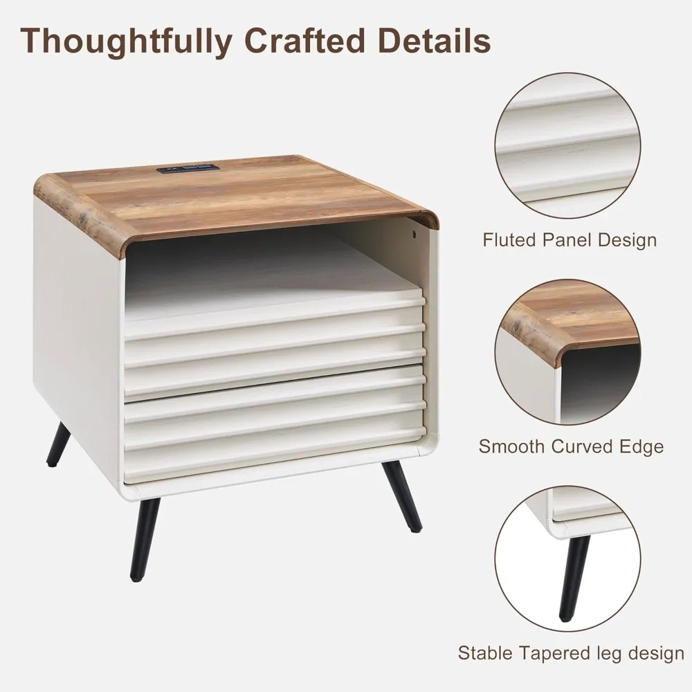 24" Nightstand Set of 2 with Charger Station, Mid Century Modern Fluted End Table with 2 Drawers，Wooden Side Table with Open