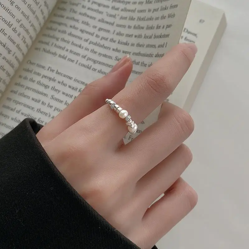 Silver Asymmetrical Beads Pearl Elastic Cord Rings For Women Girl Luxury Korean Fashion Jewelry Gift Party