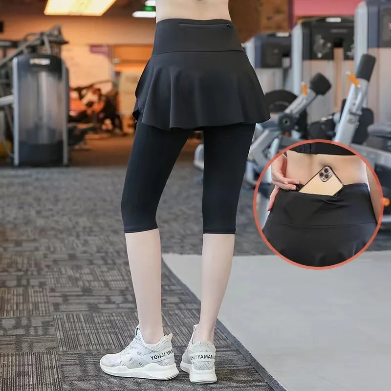 4XL Open Crotch Fake Two Piece Panties with Front Back Pockets Outdoor Fitness Pants Cropped Trousers Sporty Crotchless Clubwear