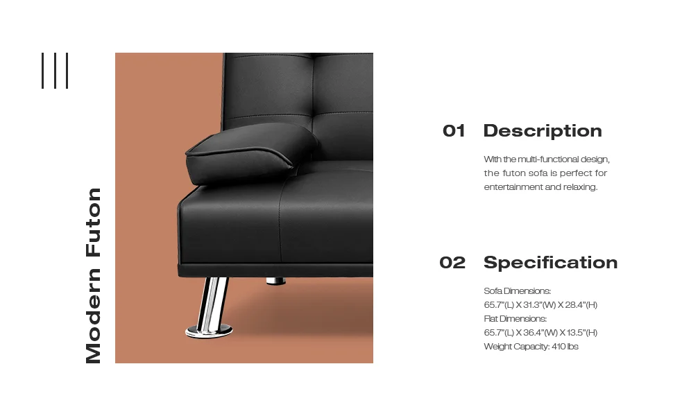 Description Picture 3 of itemFuton Sofa Bed, Modern Folding Futon Set, Convertible Lounge Chair, with 2 Cup Holders and Detachable Armrests