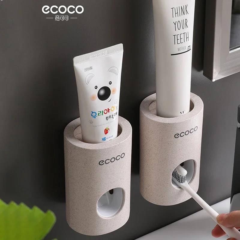 ECOCO Wheat-colored Automatic Toothpaste Dispenser Holder Bathroom Accessories Set Toothbrush Holder Toothbrush Wall Mount Rack 3