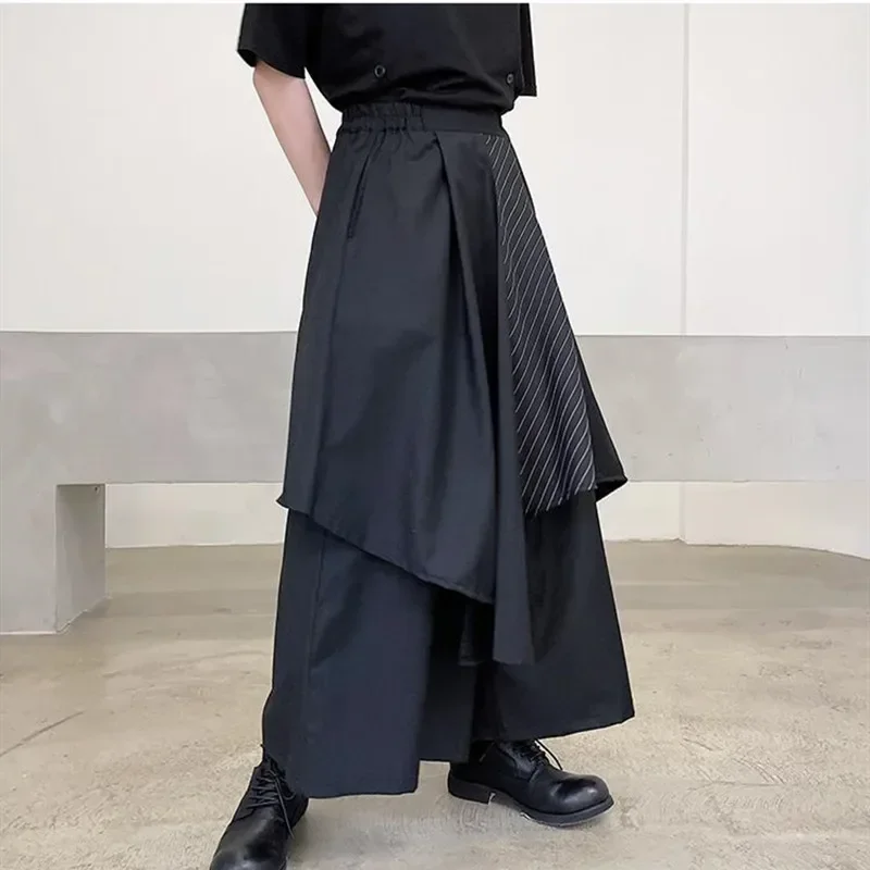 Mens Wide Leg Pants Striped Patchwork Streetwear Elastic Waist Irregular Skirts Trousers Loose Punk Japanese Dark Fighter Pants wide leg pants
