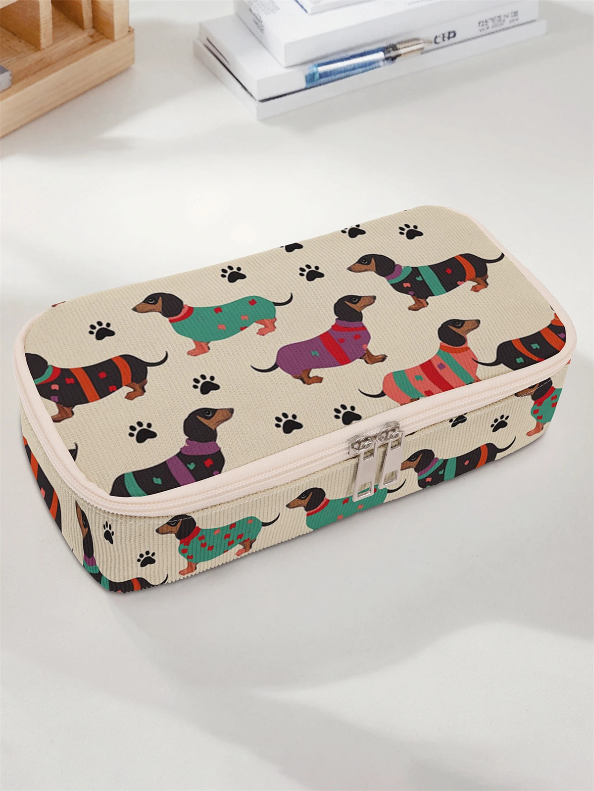 Cartoon dog pattern printing large capacity pencil case, durable multifunctional storage bag, portable zipper storage box