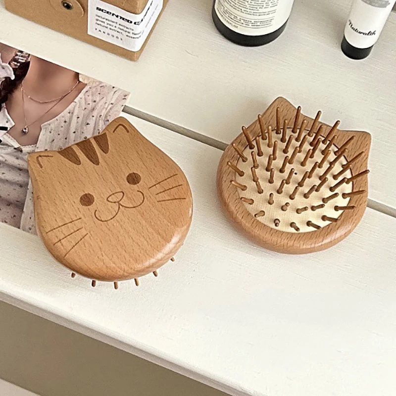 귀여운 고양이 자오선 마사지 빗, 머리 이완 마사지 에어 쿠션 빗, 샌달우드 휴대용 에어백 빗, 두피 헤어 케어 빗