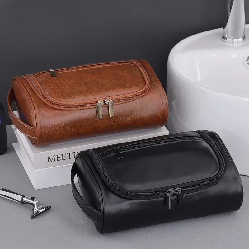 High Quality Travel Toiletry Bag For Women Men Retro PU Leather Cosmetic Bags Female Waterproof Travel Makeup Bag 2
