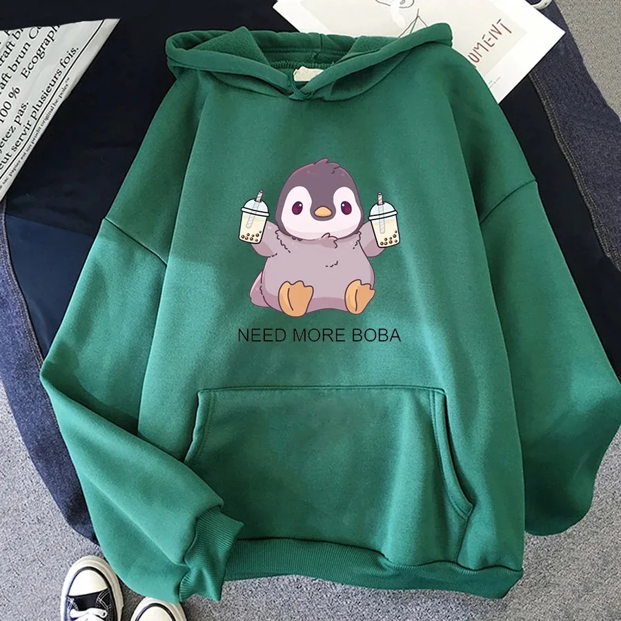 

Cute Penguin Boba Tea Hooded Sweatshirt Harajuku Hoodies Lovely Kawaii Casual Hoody O-Neck Women's Hoodie