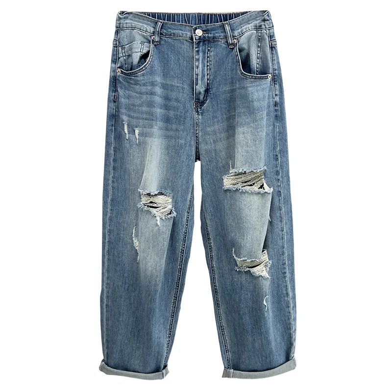 New Summer Plus Size Jeans Women's Wear 100KG Stylish Premium Ripped Holes Thin Denim Harem Pants 8358