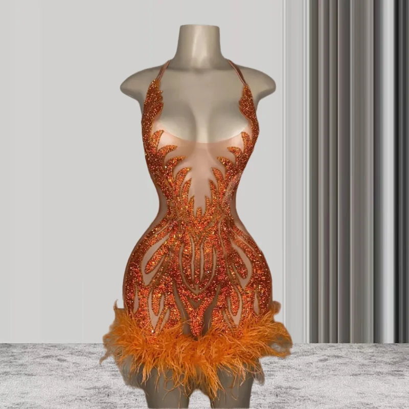 

See Through Crystals African Short Black Girls Prom Dresses Cocktail Dresses Birthday Party Gowns Halter Orange Mini Homecoming