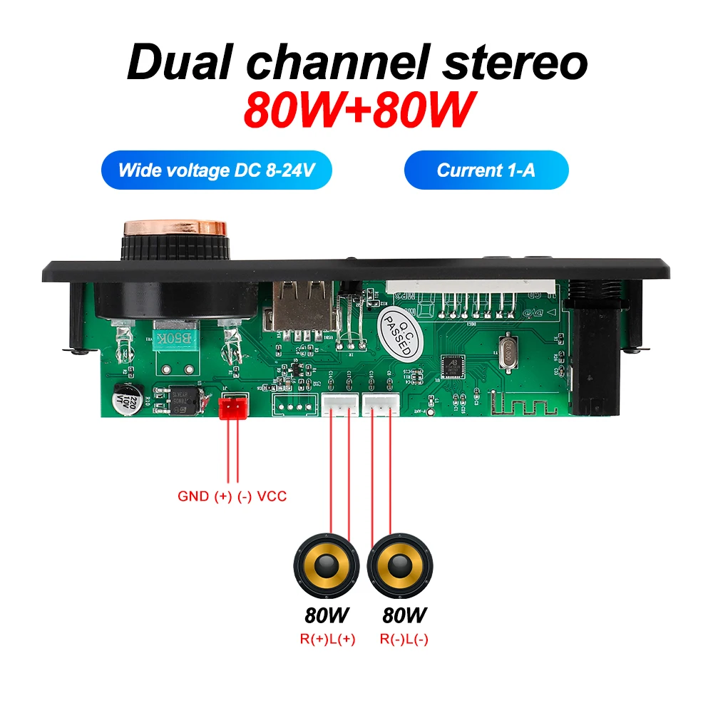 160W Amplifier Bluetooth DIY MP3 WAV Decoder Board DC 12V 2*80W Wireless Car USB MP3 Player TF Card Slot USB FM Mic