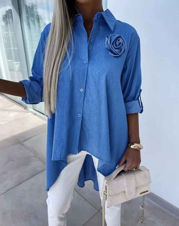 Leisure Commuter Women's Shirt 2024 Spring Rose Details Roll Sleeves Asymmetric Hem Casual Folding Collar Long Sleeved Top