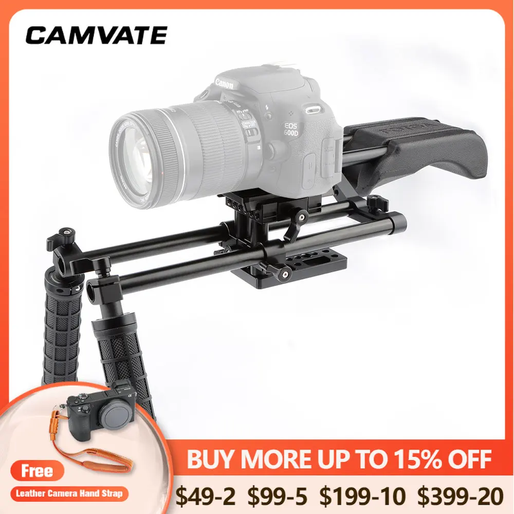 Camvate Camera Shoulder Rig With Manfrotto Quick Release Baseplate & Rubber Handgrip For Dslr