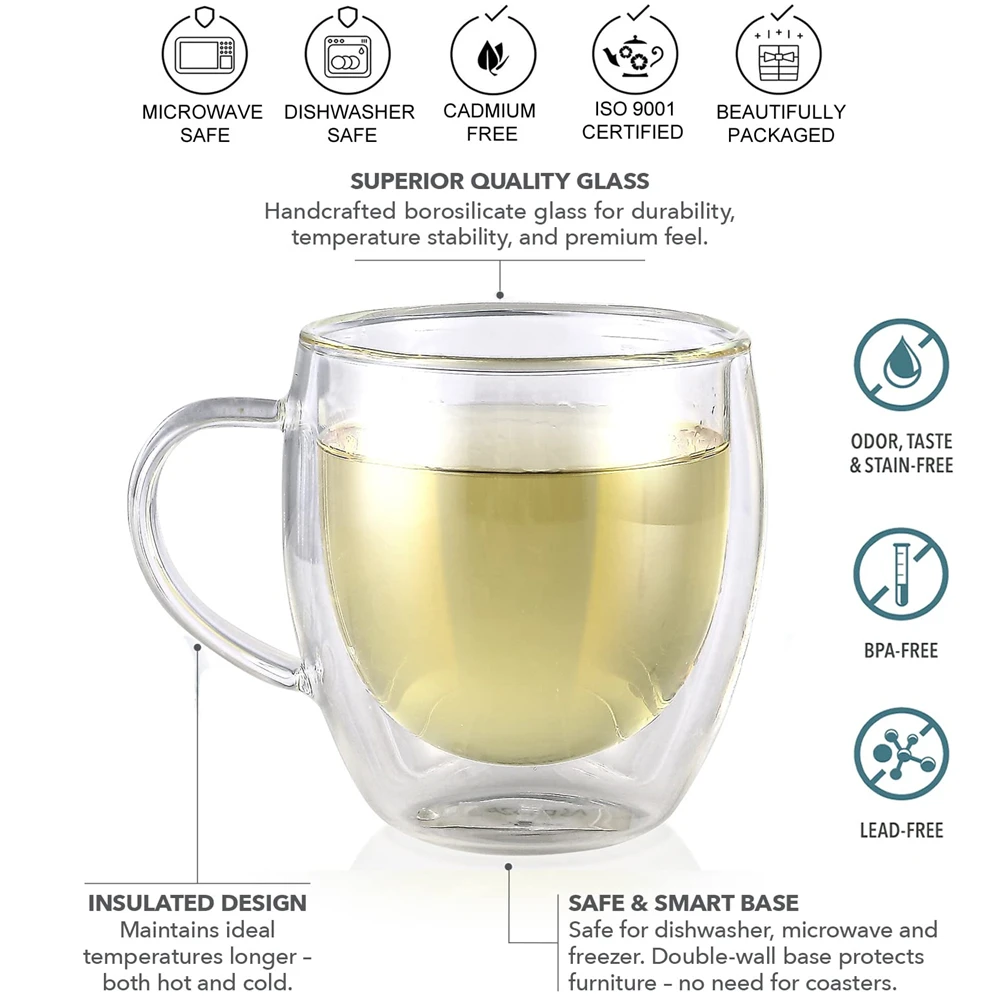 Glass mug 250/350/450ml double-walled borosilicate for cold or hot water juice milk coffee whiskey