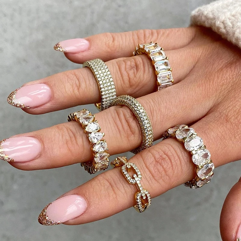 Handmade Eternity Promise Gold Crystal Ring AAA CZ Zirconia Engagement Wedding Band Rings for Women Men Finger Party Jewelry