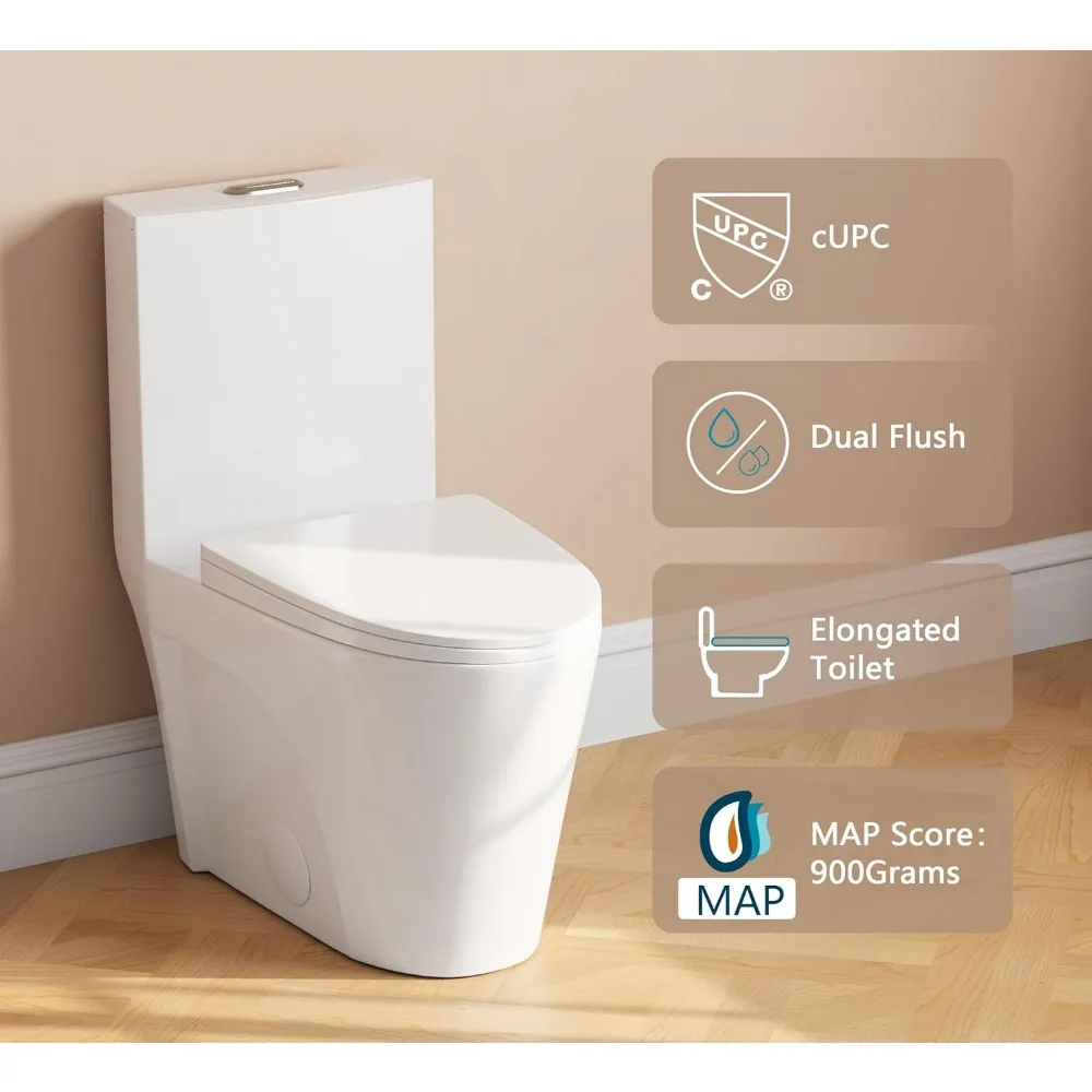 Elongated 1-Piece Toilet: 17" Comfort Height, Dual Flush 1.1/1.6 GPF, MAP 900g, 12'' Rough-In, Bathroom Toilet Bowl