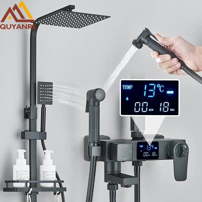 Black Digital Display Thermostatic Shower Faucets Rainfall Shower Thermostatic 4-way Mixer Commodity Shelf Bidet Faucet bathroom shower faucet set bathroom faucet