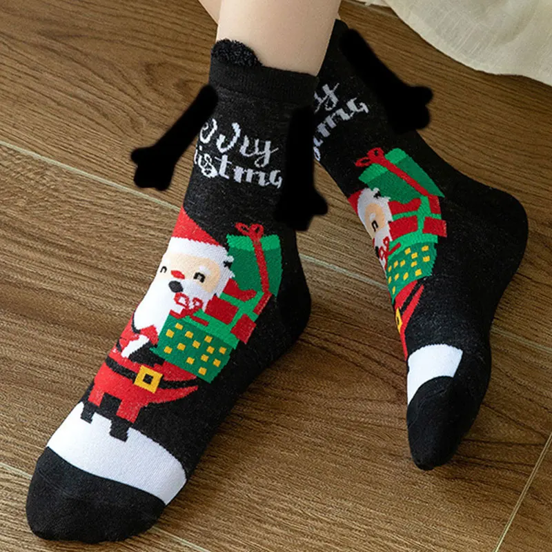 Kerstmis Grappige Magnetische In Hand Vrouwen Rood Zwart Mid Tube Met Vingers Unisex Schattige Paar Katoenen Sokken_voghion.com