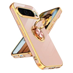 Luxury Plating Ring Holder Case with Magnetic Stand and Soft Silicone Armor Cover for Google 10 (Pink)