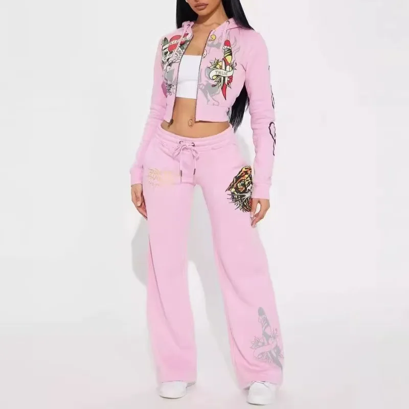 Sexy Graffiti Print Streetwear Set High Waist Sweatpants Women's Trendy Polyester Long Sleeve Hoodie Pants Casual Outfit