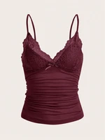 Haut court sexy en dentelle contrastante avec nœud sur le devant pour femme, collection été 2024, style grunge punk Y2K, t-shirt froncé moulant dos nu 1