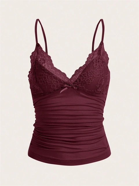Haut court sexy en dentelle contrastante avec nœud sur le devant pour femme, collection été 2024, style grunge punk Y2K, t-shirt froncé moulant dos nu 1