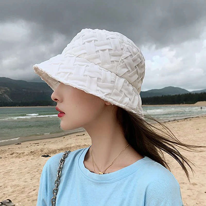 Wide Brim Bucket Hat Women Outdoor Summer Brim Sun Hats Spring Summer Plaid Chiffon Comfortable Breathable Hats female bucket hat