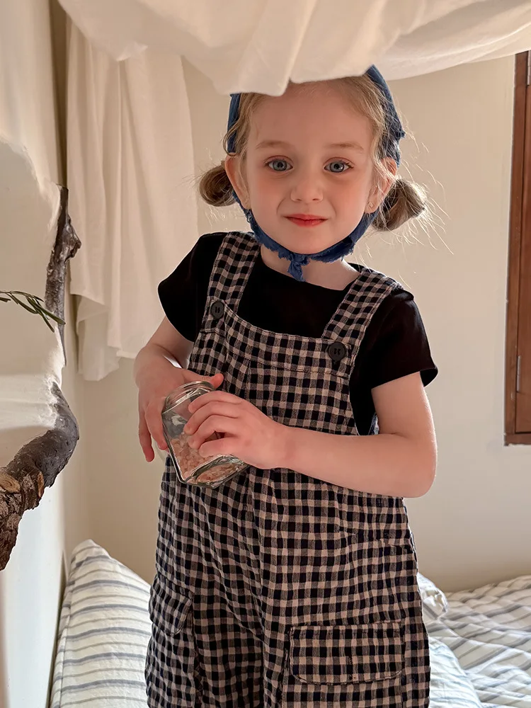 2025 Spring New Children Plaid Overalls Cotton Boys Thin Casual Pants Breathable Baby Girls Loose Strap Trousers Kids Clothes