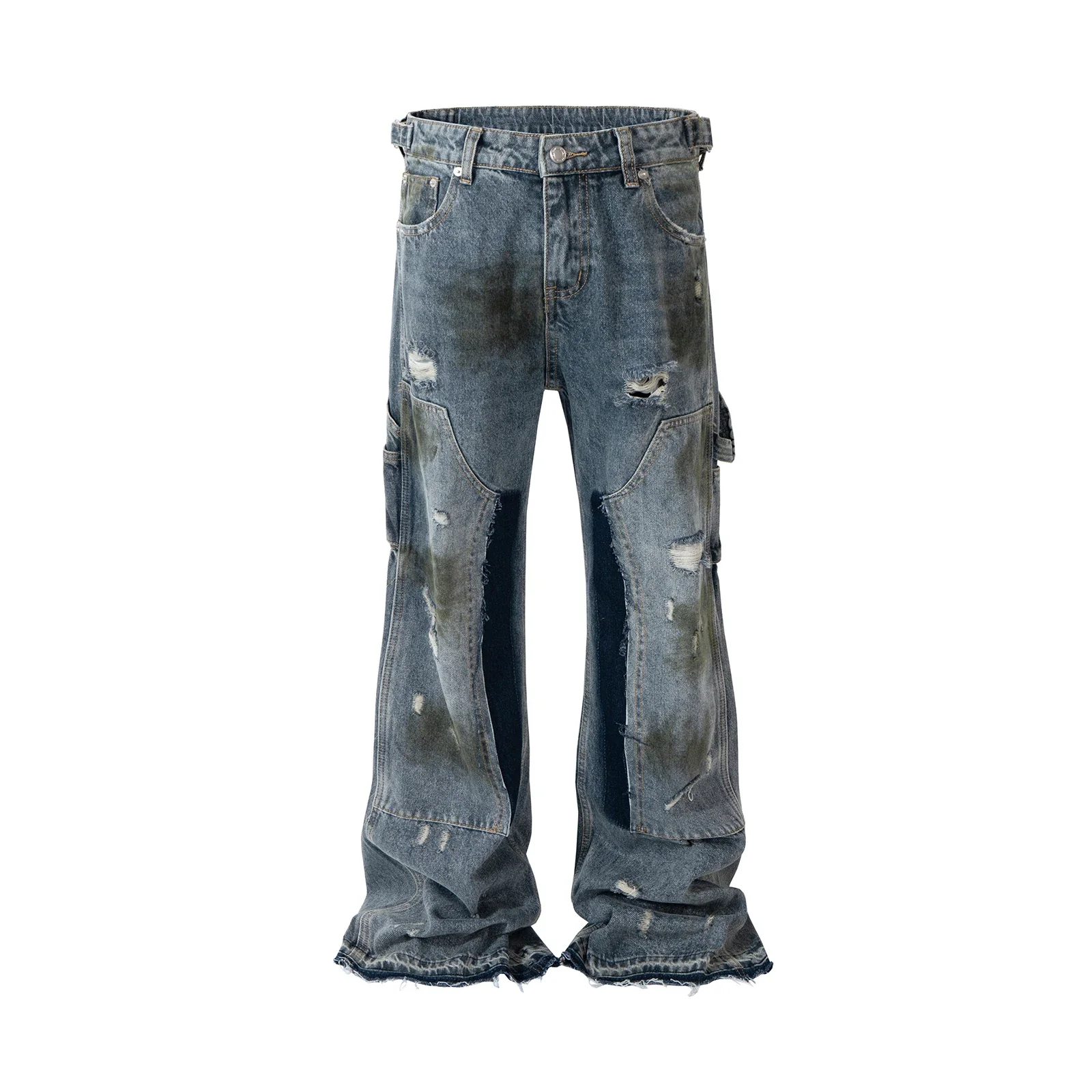 

Уличная одежда ручной работы грязевые окрашенные грязно-синие мешковатые джинсы для мужчин рваные повседневные Лоскутные Джинсовые брюки большого размера